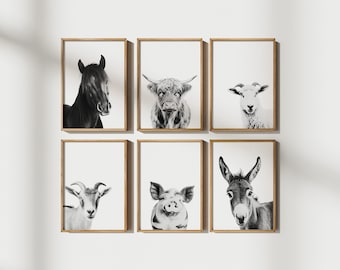 Juego de 6 impresiones de animales de granja, juego de impresiones de animales de granja, decoración de guardería de animales de granja, animal de granja moderno, arte de pared de granja, granja moderna