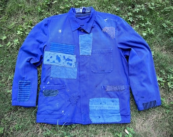 Przerobiona kurtka robocza w stylu vintage w stylu niemieckim z boro patchworkowym wzorem