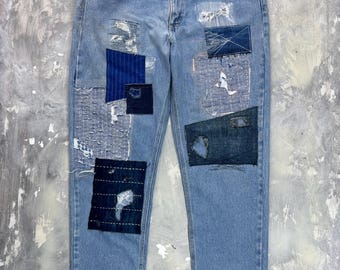 Spodnie jeansowe Carhartt z recyklingu, patchworkowe: haft Sashiko, rozmiar 35-36