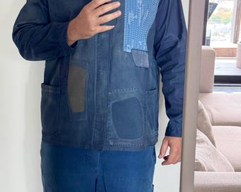 Przerobiona kurtka robocza vintage z boro patchworkiem