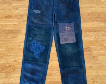 Przerobione francuskie spodnie robocze: patchwork, ściegi sashiko