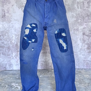 Reworked vintage French Workwear Pants: Patchwork, Sashiko Stitching W32