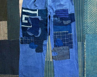 Spodnie robocze Vintage French: twill w jodełkę, boro patchwork
