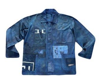 Przerobiona francuska kurtka robocza vintage/bawełniana odzież robocza/1 z 1/ z boro patchworkiem