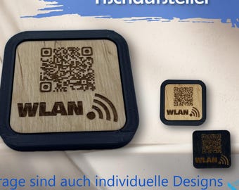 Wooden display stand with QR code – Wi-Fi or menu personalized laser engraving table display made of wood & 3D printing