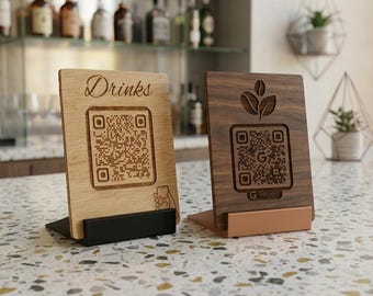 Tabletop display stand with engraving, made of wood & 3D print – personalized with QR code or logo | Office/Business Display Stand | Real Wood, Custom Color