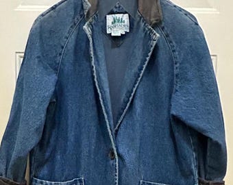 Vintage Denim Duster Barn Coat: Leather Trim, 1980s Sportables, Size Medium