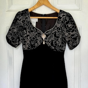 Vintage Scott McClintock Black Velvet Dress - Womens Size 2 with Gold Stitching and Brooch, Free Shipping