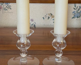 Vintage Pair Crystal Candlestick Holders 4" Tall - Clear Glass Candle Holders