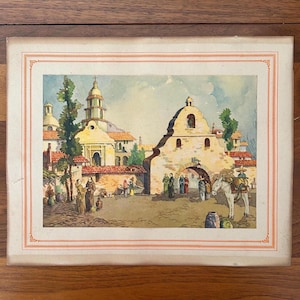 Vintage Mission Scene Lithograph Spanish Colonial Courtyard Donkey Adobe Wall Art Print