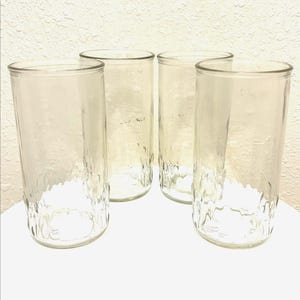 Vintage Set of 4 Clear Jelly Jar Glasses – 16 oz Drinking Tumblers with Textured Base – Retro Kitchenware - Free Shipping