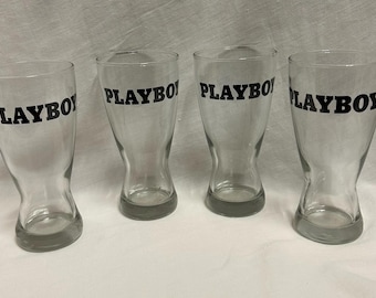 Vintage Set of 4 PLAYBOY Clear Logo Glasses 6 1/2&quot; tall x 3 1/2&quot; wide for eggnog espresso coffee hot chocolate punch Great Condition 1970&#39;s