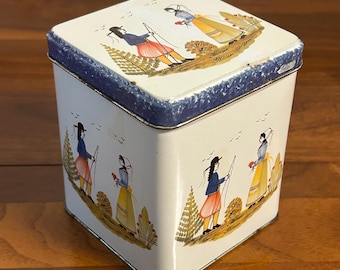 Vintage Quimper Style Folk Art Tin Box 4 1/2" Tall European Couple