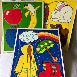 RARE Vintage Children's Playskool WOODEN PUZZLES - Set of 3 different puzzles, each with 4 large pcs Great Condition Ages 1-3