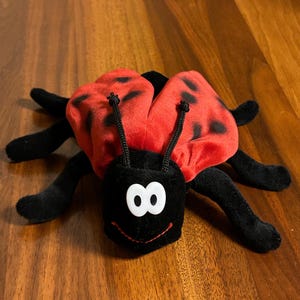 Könnte beinhalten: Ein Plüsch-Marienkäfer-Spielzeug mit schwarzem Kopf und Beinen, roten Flügeln mit schwarzen Punkten und weißen Augen. Der Marienkäfer hat einen lächelnden Mund und zwei schwarze Antennen. Das Spielzeug liegt auf einer Holzoberfläche.