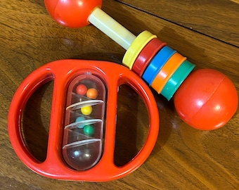 Chocalhos ou brinquedos vintage para bebês - Conjunto de 2 - Plástico colorido
