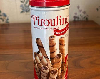 Pirouline Chocolate Hazelnut Wafer Tin 6" Tall - Red Round Cookie Tin