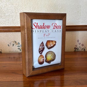 May include: A wooden shadow box display case, 5" x 7", with a clear front. The case features the text "Shadow Box DISPLAY CASE" in red and white. The display case contains images of seashells. Made in Indonesia.