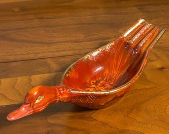 Vintage California Pottery Duck Ashtray Trinket Dish 9 1/2" - Red Drip Glaze 1960's