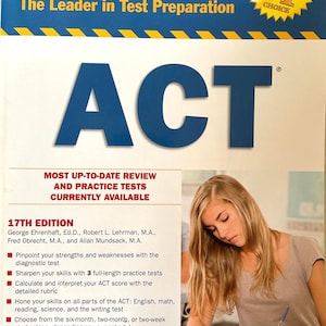May include: A Barron's ACT test preparation book. The cover features the word "ACT" in large blue letters. The book includes a review and practice tests. A student is shown studying the book.
