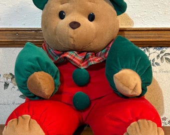 Vintage Christmas Plush Bear – Large Soft Holiday Bear with Plaid Collar and Red Outfit