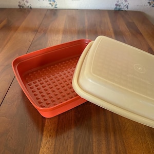 Puede incluir: Un recipiente rectangular de plástico rojo abierto, con un interior texturizado y una tapa beige claro. La tapa está ligeramente entreabierta. El recipiente está sobre una superficie de madera oscura.