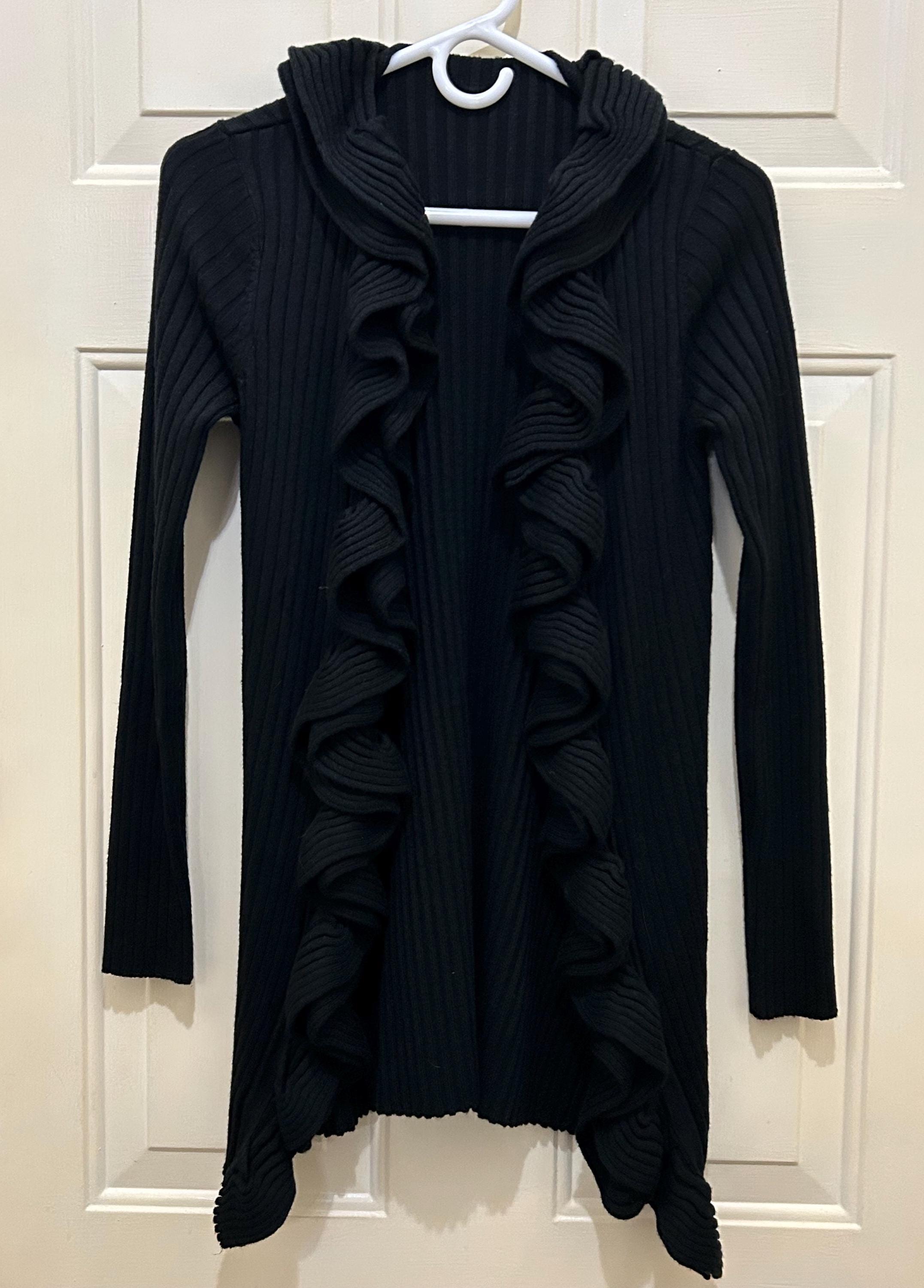 Vintage Long Black Ruffle Front Sweater - Women's Size Small - Etsy