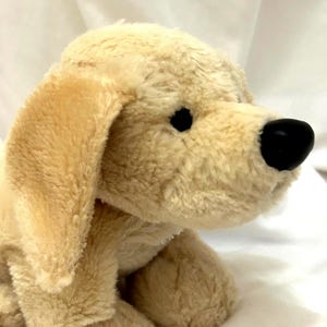 Può includere: Un peluche a forma di cane golden retriever con naso e occhi neri. Il giocattolo morbido ha orecchie flosce ed è realizzato in un materiale morbido di colore marrone chiaro. Il cane è seduto.