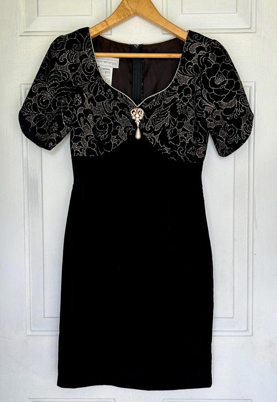 scott mcclintock black dress Vintage Velvet Dress: Gold Stitching, Pearl Brooch - Womens Size 2 Formal gown