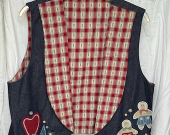 Vintage Denim Appliqué Vest – Handmade Americana Folk Art, Medium
