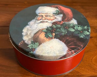 Vintage Santa Face Christmas Tin - Round Holiday Storage 7" Diameter Red Metal Tin
