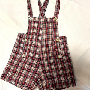 Vintage BABY Short OVERALLS Best & Co. Shortalls Outfit Jumper Size 6-9 months red blue and white PLAID Great Condition Really Cute 1950&#39;s