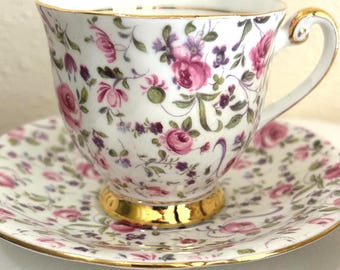 Vintage Set of 2 Bartley Bone China Teacup & Saucers: Pink Rose Floral, Gold Accents