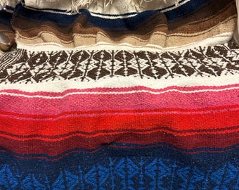 Vintage Hand Woven MEXICAN BLANKET 7 Ft x 4 Ft Woven WOOL multi-colored rainbow blanket rug wall hanging tapestry from Mexico late 1970&#39;s