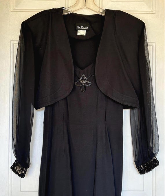 1990s Black Cocktail Dress 2 PC Set: Sequin Trim Jacket - Size 7 by Be Smart
