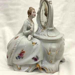Vintage Porcelain Lady Trinket Box with Mirror Lid, Made in Japan, Free Shipping