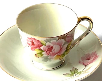 Vintage Porcelain Nitto Teacup & Saucer Set: Hand-Painted Floral, 1940's Made in Occupied Japan