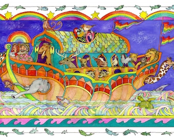 NOAH'S ARK. Lions. Animals. Beasts. Elephants, Giraffes. Unicorns. Animals. Flag. Decorative. Fun. Gift. Nursery Painting. Kids. Bible Story