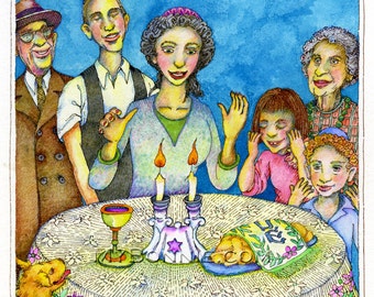 Gift. SABBATH. SHABBAT. Family. JEWISH. Decor. Blessing. Candles. Wine. Challah. Gift. Decor. Hebrew Ritual. Mother. Hebrew Art. Art Print