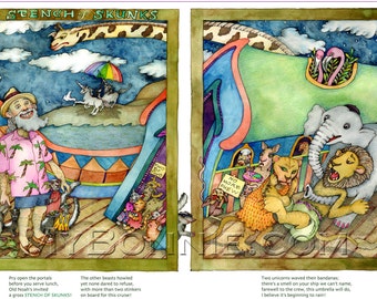 STENCH of SKUNKS. Collective Nouns of Animals. Unicorn. Painting Poem Humor. Childrens Decor. Noah's Ark. Illustration. Bonnie Gordon-Lucas