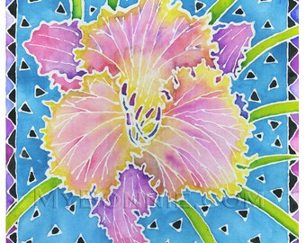 DAY LILY. Colorful Watercolor Painting. Flower. Garden. Pink. Turquoise. Watercolor Resist. Batik. Serti Technique. Decor. Graphic Design