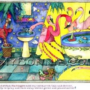 Stand of PINK FLAMINGOES Flamingo Painting. Bathroom Shower Decor Collection. Colorful Whimsical Painting by Bonnie Gordon-Lucas