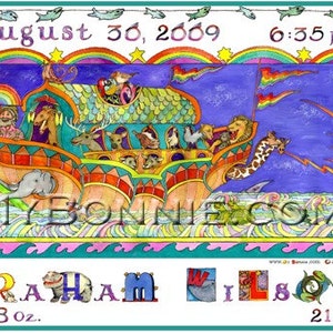 Certificado de NACIMIENTO o ADOPCIÓN personalizado. Regalo para bebé. Decoración infantil. Arca de Noé. Caligrafía colorida. Decoración infantil. Ilustración profesional