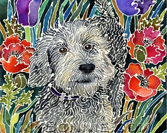 DOG. CANINE Painting. Whimsical. Flowers. Tulips. Poppies. Animal. Puppy. Unique Gift. Decor. Batik Technique