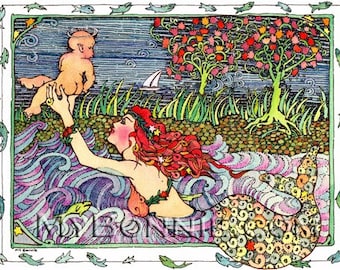 MERMAID With BABY. Whimsical. Fantasy. Nursery Art. Mermaid. Ocean. Dream. Decor. Birth. Baby. Watercolor. Water. Blue. Red. Grass. Boat