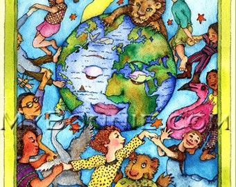 MULTI-CULTURAL. Painting. Children. World. FAMILY. Planet Earth. Peace. Unity. Love. Eco Friendly. Deco. Nursery Art. Color. Gift. Whimsical