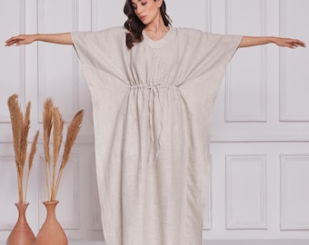 Vestido caftán maxi de lino orgánico, prenda playera hecha a mano
