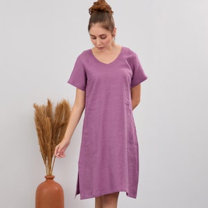 Linen midi dress for women, linen tunic dress, linen dress, short sleeve dress
