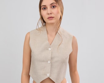 Fitted Linen Vest Top, Button Sleeveless Crop Top