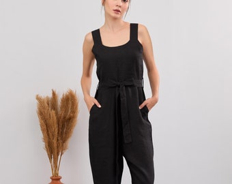 Organic Linen Jumpsuit, Sleeveless Romper with Tie Belt